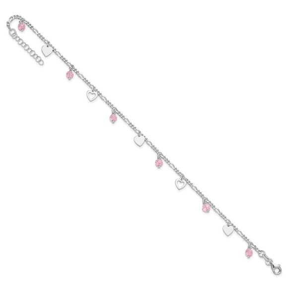 925 Sterling Silver Pink Glass Beads and Hearts Charms 9" Anklet 1" extension - Picture 8 of 8